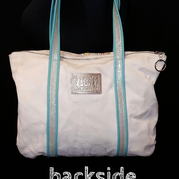 RARE 2pc "Coach Poppy is Glam" canvas/leather xl tote+wristlet + Macy's tags - Picture 2 of 16